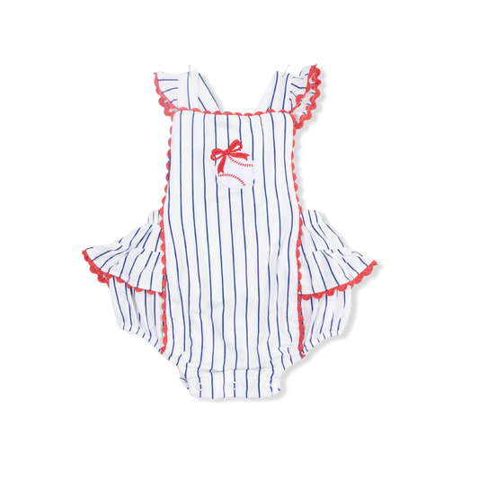 Ric Rac Ruffle Sunsuit | Baseball Stripe