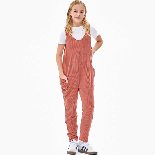 Embossed Rib Sleeveless Jumpsuit/Overall | Brick
