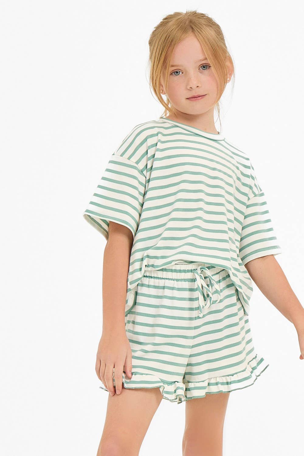 Stripe Crop Top and Ruffle Shorts Set | Heather Grey