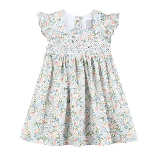 Pink Floral Print Smocked Flutter Dress