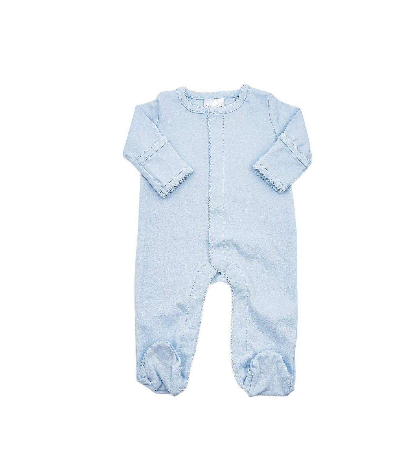 Blue Footie with White Picot Trim