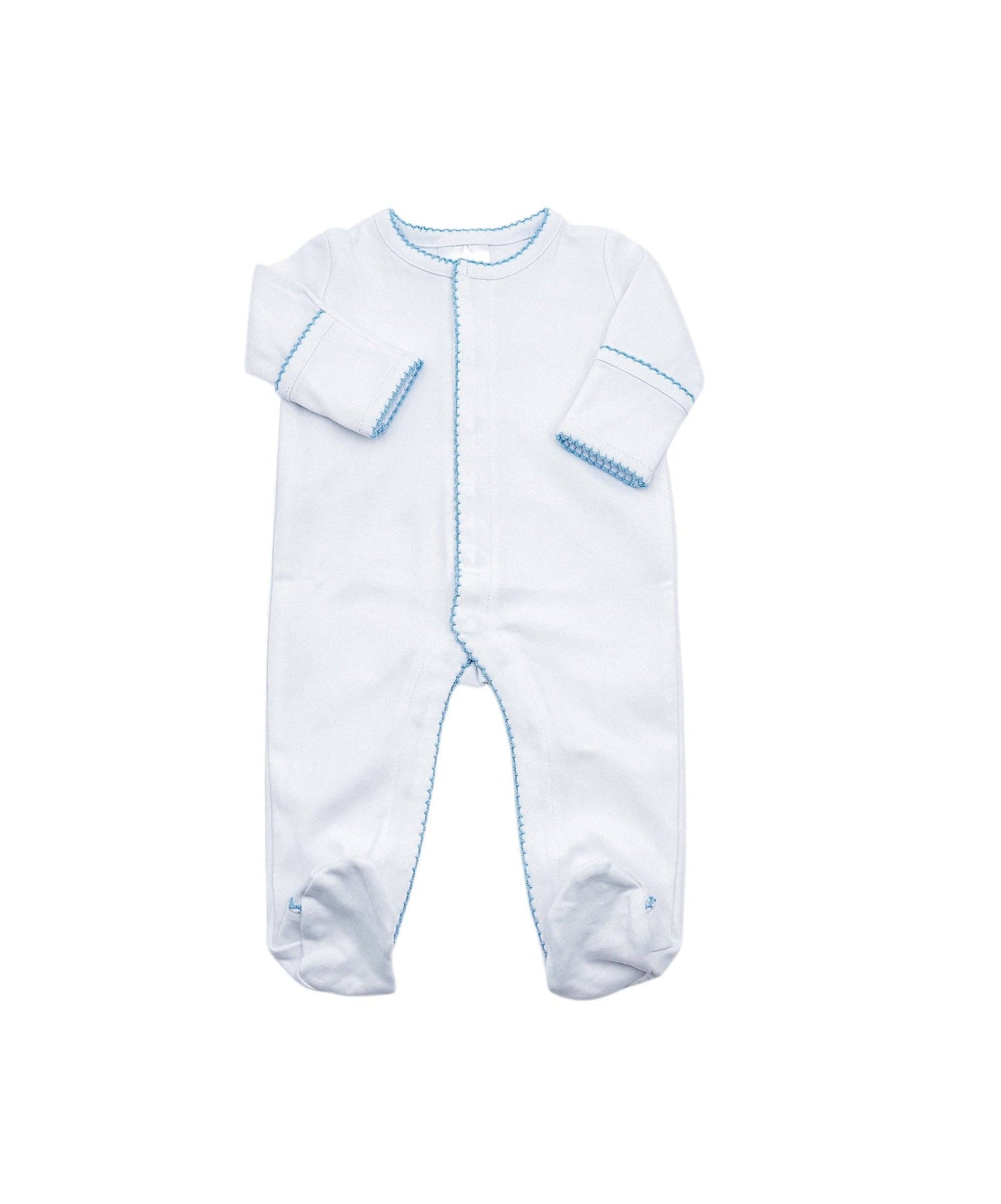White Footie with Blue Picot Trim