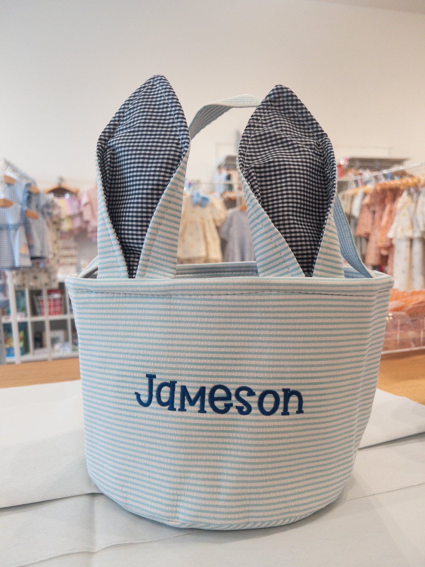 Personalized Embroidered Easter Bunny Ear Basket | Blue