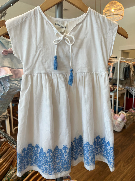 Blue and White Embroiders Tassel Dress