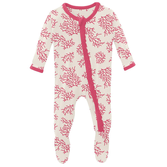 Print Muffin Ruffle Footie with Zipper | Natural Coral