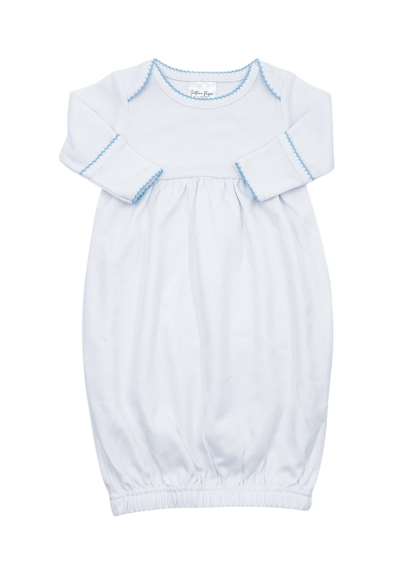 White Gown with Blue Picot Trim
