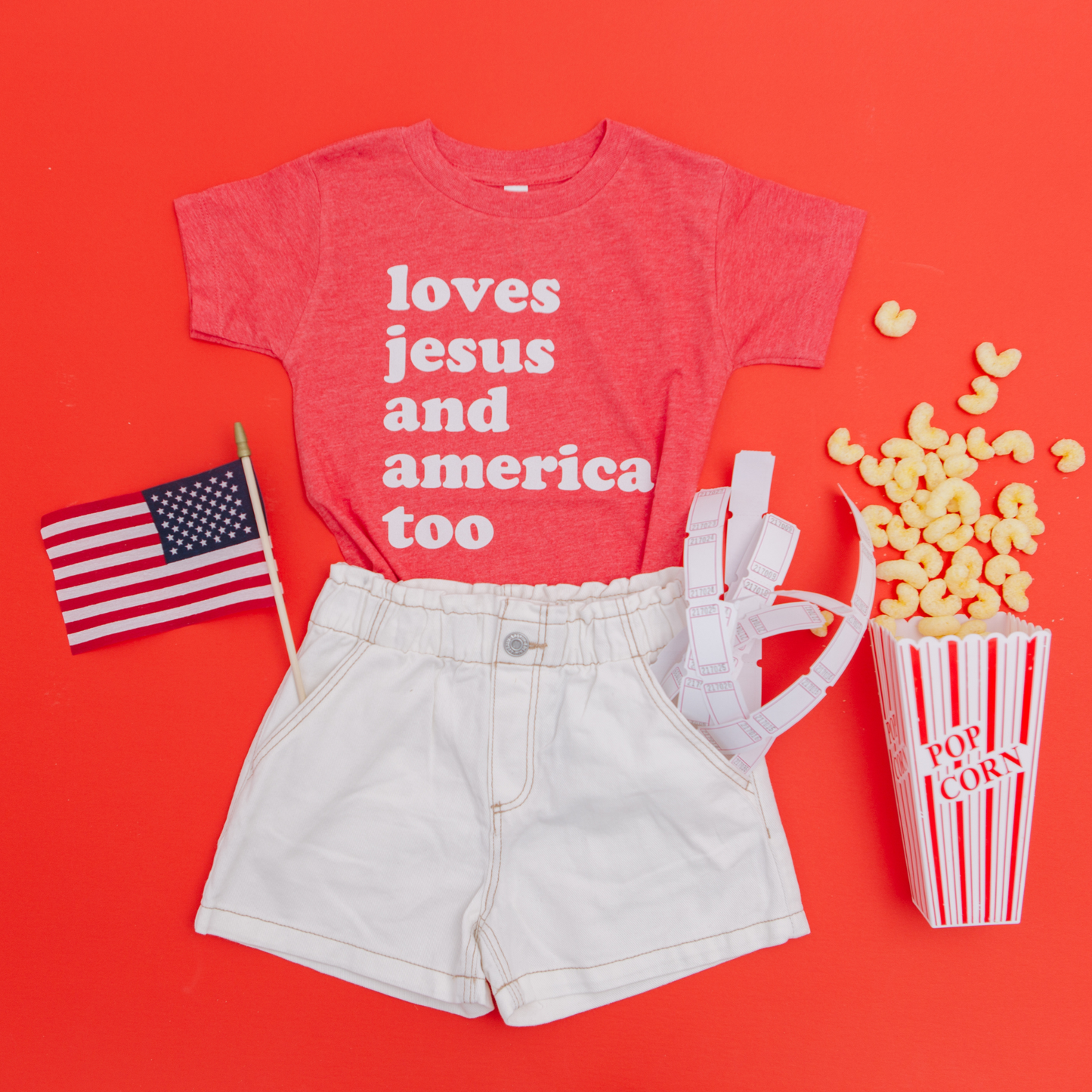 Loves Jesus and America Too 4th of July Shirt | White & Red