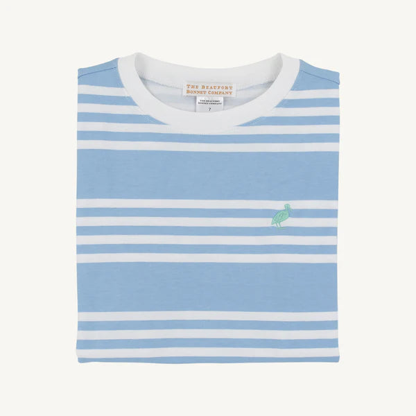Carter Crewneck | Saddle Ridge Stripe (Sarasota Sky) with Gibson Island Green Stork