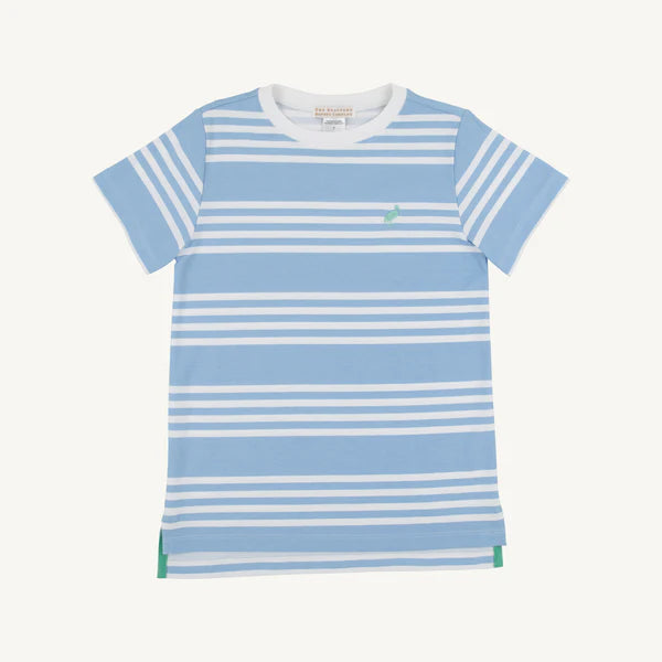 Carter Crewneck | Saddle Ridge Stripe (Sarasota Sky) with Gibson Island Green Stork