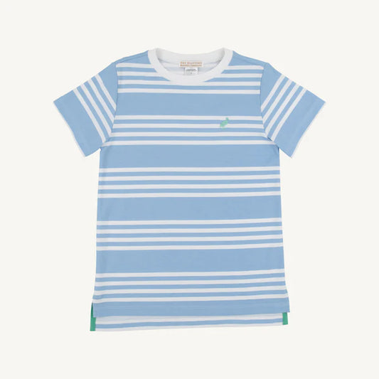 Carter Crewneck | Saddle Ridge Stripe (Sarasota Sky) with Gibson Island Green Stork