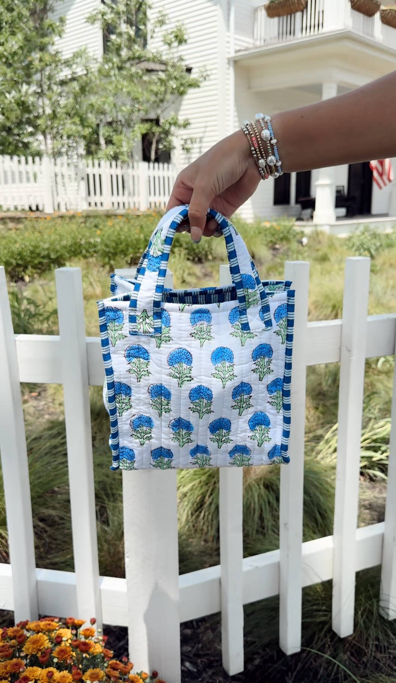Quilted Block - Print Mini Tote Bag: Green Gardenia