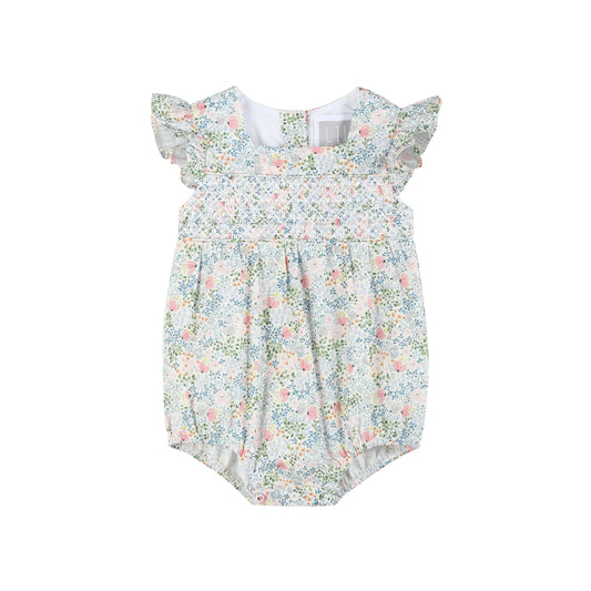 Pink Floral Print Smocked Flutter Romper