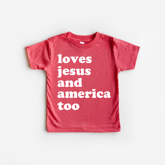 Benny & Ray Apparel - Loves Jesus and America Too 4th of July Shirt: Youth MED / Red / White