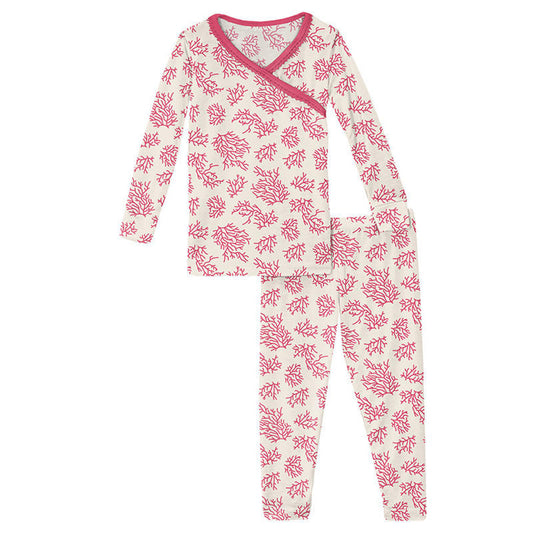 Print Long Sleeve Scallop Kimono Pajama Set | Natural Coral