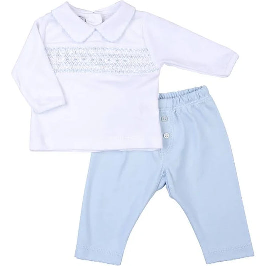 Delaney & Dillion Smocked Collared Toddler Set Blue