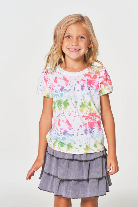 Girls Vintage Rib Ruffle Rainbow Splatter Paint