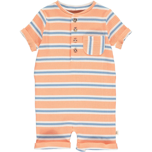 Camborne Henley Romper Peach/Blue Ribbed