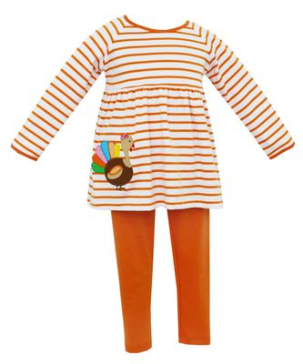 Turkey White & Orange Knit Stripe Girl's Tunic Set with Solid Orange Leggings