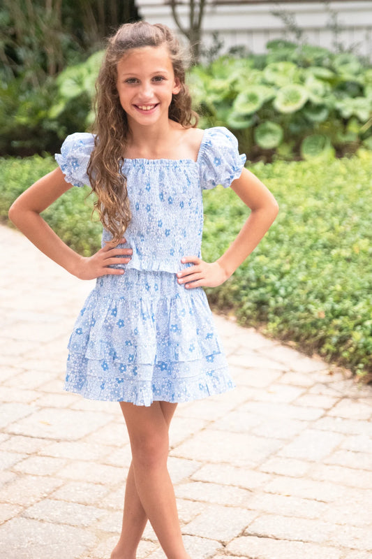 Smocked Ruffle Skirt Blue Floral