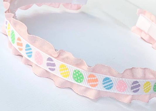 Lolo Headbands and Accessories - Pastel Eggs on Pink Double Ruffle Ribbon