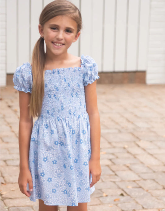 Smocked Short Sleeve Dress | Blue Floral